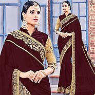 Get Stylish Brown Saree With Three Four Sleeves Lace Contrast Border