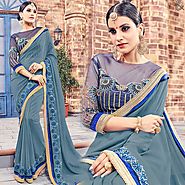 Boutique Style Grey Saree Online With Boat Neck Contrast Border