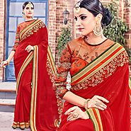 Red Trendy Saree With Three Four Sleeves Jewel Neckline Blouse Online