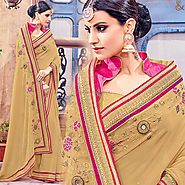Beige Party Wear Saree With Lace Border And Close Back Blouse Online