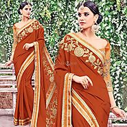 Three Four Sleeves Round Neck Blouse With Orange Fancy Saree Online