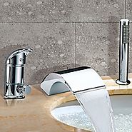Chrome Finish Contemporary Two Handles Waterfall Widespread Tub Faucet With Handshower