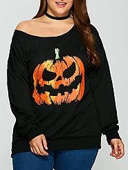 Pullover Skew Neck Pumpkin Print Sweatshirt @ DressLily
