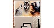 Картина пано за стена от 1 част с индиански воин и двойка вълци - HD-767-1 - Smart Choice
