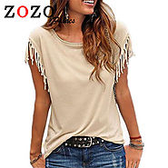 Women Cotton Tassel Casual Blouses Sleeveless Solid Color Shirts Top Short Sleeve