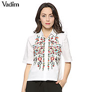 Embroidery shirts cotton white vintage totem retro short sleeve casual blouse ladies tops & blouses