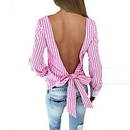 Women Sexy Bowknot Backless Striped Blouses Shirts Long Sleeve O neck Blouse Women