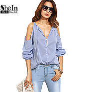 Ladies Casual Blouses For Autumn Blue Striped V Neck Cold Shoulder Long Sleeve Blouse