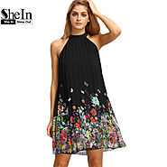 Summer Black Round Neck Sleeveless Womens Casual Clothing Floral Print Cut Away
