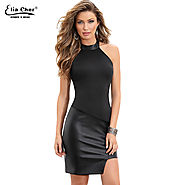 Sexy Club Bodycon O Neck Sleeveless Tank PU Leather Dress Black Party Evening Elegant Dress