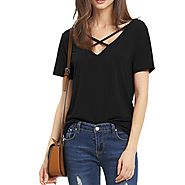 Summer Fashion Bandage Sexy V Neck Criss Cross Top Casual Lady Female T-shirt