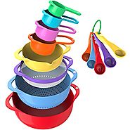 Vremi 13 Piece Mixing Bowl Set With Handle - With Nesting Colorful Measuring Cups Spoons Colander Mesh Strainer - BPA...