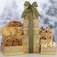Holiday Gourmet Gold Gift Tower | Christmas Themed Gourmet Food and Treats