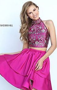 2017 Sherri Hill 50798 Plum Two Piece Beaded Floral Print Taffeta Homecoming Dress