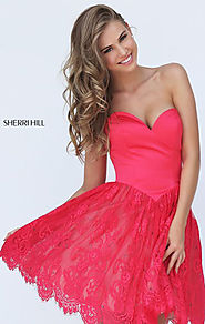 Red Sweetheart Neck Sherri Hill 50845 Lace Short A-Line Prom Dresses 2017 Strapless Satin Bodice