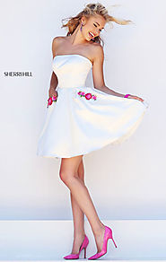 Discount Sherri Hill 50220 Pockets Straight Neck Floral Embellished Ivory/Pink Sort Satin Prom Dresses