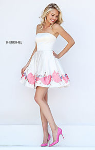 Straight Neck Ivory/Pink Cheap A-Line Satin Homecoming Dresses Sherri Hill 50327 Strapless Print