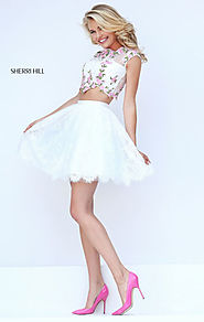 Ivory/Pink 2 Piece Sherri Hill 50478 Floral Embellishment Cheap Lace Scalloped Homecoming Gowns