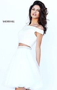 Sherri Hill 50497 Beaded Bodice Cap Sleeves High Neck Cheap Ivory Two Piece Tulle Pleated Short Cocktail Dresses