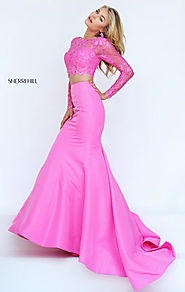 Cheap Lace Long Sleeves Bateau Neck Sherri Hill 50491 Two Piece Long Satin Evening Gown Pink