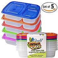 Orgalif 3-Comparment Reusable Plastic Bento Lunch Box (Set of 5)