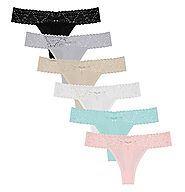 6 Pack: Free to Live Women's Lace Band Cotton Thong Panties - Made in USA (Medium, Baby Pink, Beige, Black, Grey, Min...