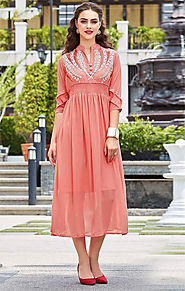 Gorgeous Peach Straight Cut Long Kurti Depict With V Neck