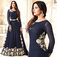 Gorgeous Embroidered Blue Gown With Scoop Neck & Broad Border