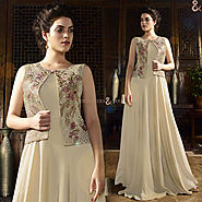 Unusual Cream Embroidered Sleeveless Gown With Scoop Neckline