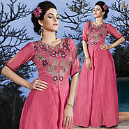 Adorable Pink Embroidered Art Silk Gown With Short Sleeve & V-Neck