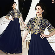 Alluring Blue Georgette Gown With Embroidery & Turtle Neck