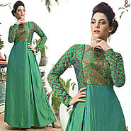 Agreeable Green Embroidered Gown With Full Sleeve & Jewel Neck