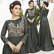 Affable Grey Embroidered Art Silk Gown With 3/4 Sleeve & Boat Neck