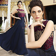 Amazing Blue Art Silk Sleeveless Gown With Jewel Neck & Embroidery