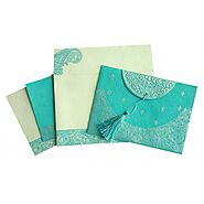 TURQUOISE HANDMADE COTTON EMBOSSED WEDDING CARD : SO-8234K - 123WeddingCards