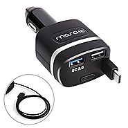 Type C Car Charger - Retractable Quick Charge 3.0 Car Charger with 2.9 ft USB Cable for Galaxy S8, S8 Plus LG G6, G5,...
