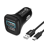 Quick Charge 3.0 USB Type C Car Charger, CHOETECH 30W Dual USB Car Charger with USB C Cable for Galaxy Note 8, S8, S8...