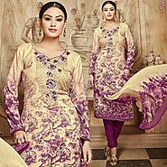Ladies Cream Printed Salwar Suit In Cotton With Floral Embroidery