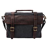 S-ZONE Vintage Canvas Genuine Leather Messenger Traveling Briefcase Shoulder Laptop Bag