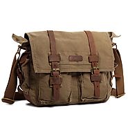 Kattee XZ162AG-FBA-1 British Style Retro Unisex Canvas Leather Messenger Shoulder Bag Fits 14.7" Laptop, Army Green
