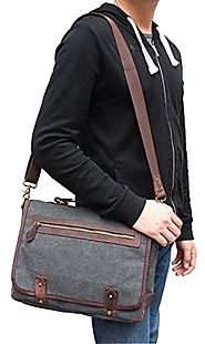 CLELO B450 Vintage Leather Canvas Messenger Bag Briefcases Shoulder Cross-body Bags,Grey