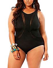 Cfanny Women's Plus Size One-piece Swimwear with Mesh,Black,Large