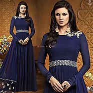 Appealing Blue Embroidered Indian Georgette Gown With Full Sleeves