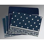 COBALT BLUE HANDMADE SILK SCREEN PRINTED WEDDING CARD : W-8215I - 123WeddingCards