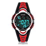 AZLAND Waterproof Swimming Led Digital Sports Watches for Children Kids Girls Boys,Rubber strap,Red