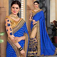 Exquisite Embroidered Gold Beige Blue Jacquard Saree Blouse
