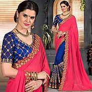 Fascinating Blue Pink Lace Worked Art Silk Georgette Sari Blouse