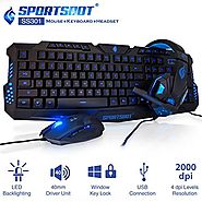 SportsBot SS301 Blue LED Gaming Over-Ear Headset Headphone, Keyboard & Mouse Combo Set w/ 40mm Speaker Driver, High-Q...
