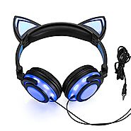 Wired Cat Ear Headphones Glowing Lights with USB Charging Cable (Black)