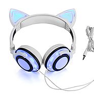 Wired Cat Ear Headphones Glowing Lights with USB Charging Cable (White)